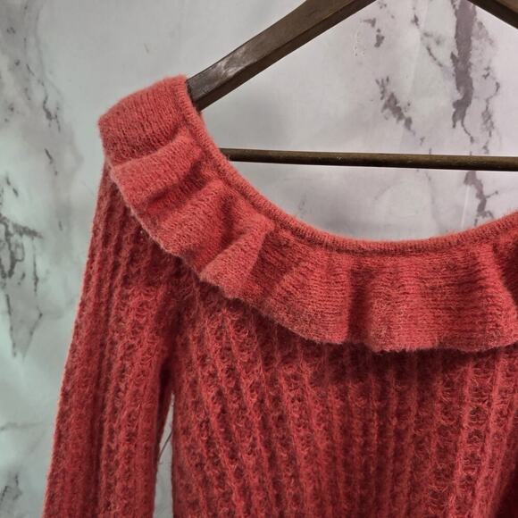By Anthropologie Sweater Women Small Salmon Coral Wool Ruffle Off Shoulder - Picture 2 of 12